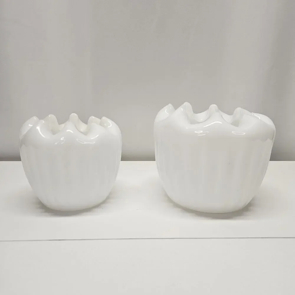 Vintage MCM Pinched Ruffled Rim White Milk Glass Ribbed Vase Planter Pot Set